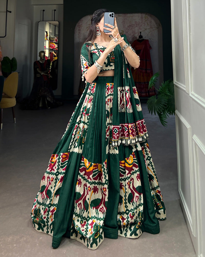 Green Color Rayon Silk Printed Fully Stitched Navratri Lehenga Choli