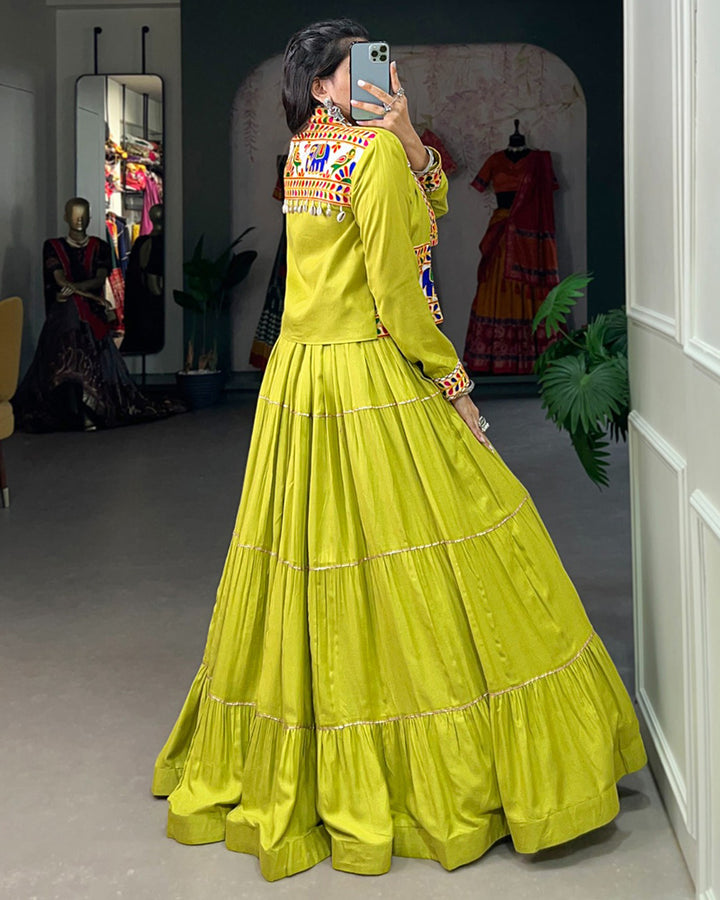 Parrot Green Color Pure Rayon Gamthi Navratri Lehenga Choli