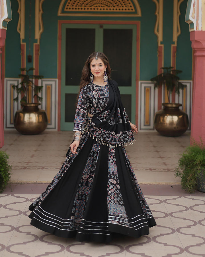 Black Color Rayon Printed Navratri Lehenga Choli