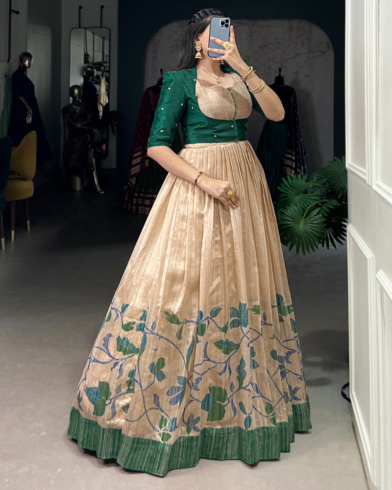 Green Color Green Silk Printed Gown With koti