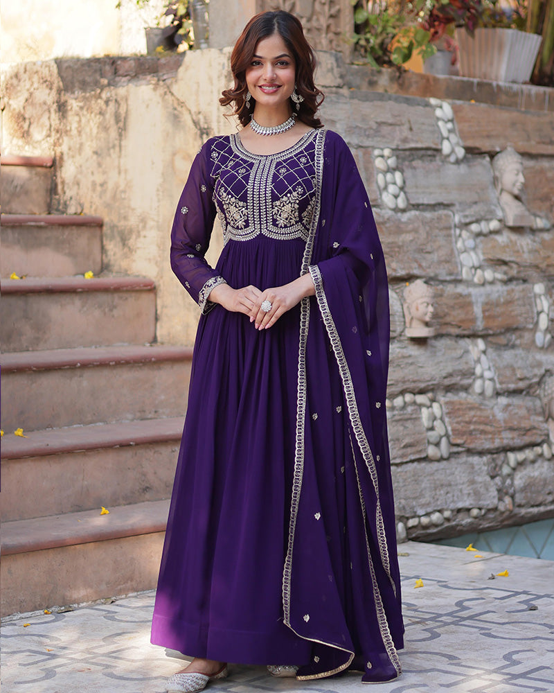 Purple Color Faux Blooming Embroidered Gown With Dupatta