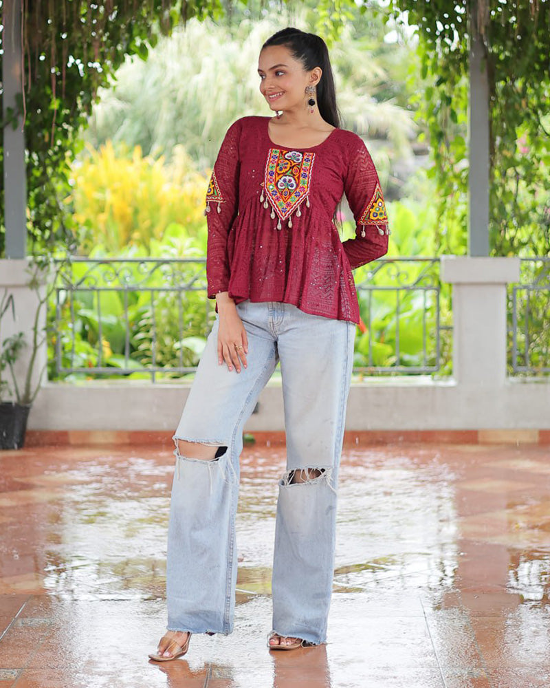 Maroon Color Georgette Schiffli Work Navratri Kediya