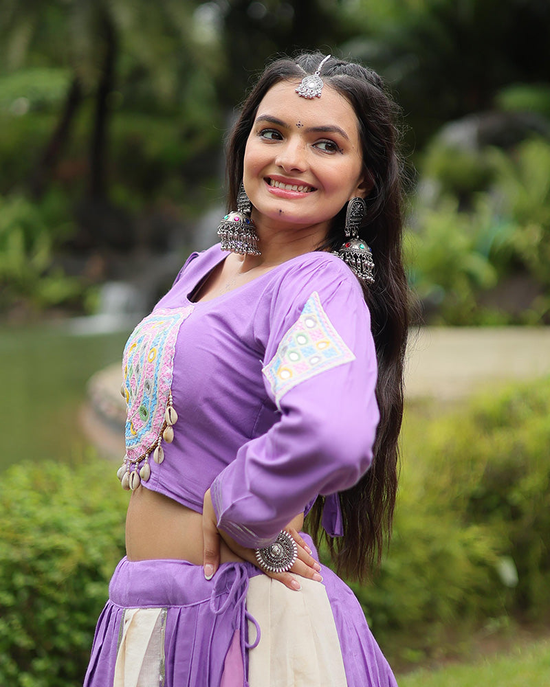 White And Lavender Color Rayon And Cotton Navratri Lehenga Choli