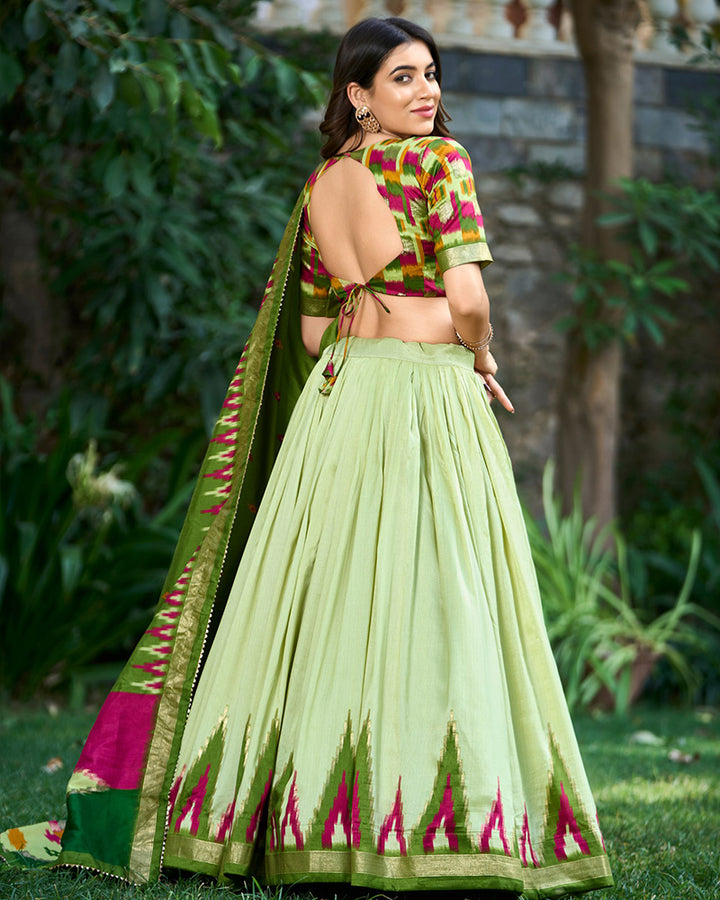 Pista Color Tussar Silk Printed Navratri Lehenga Choli