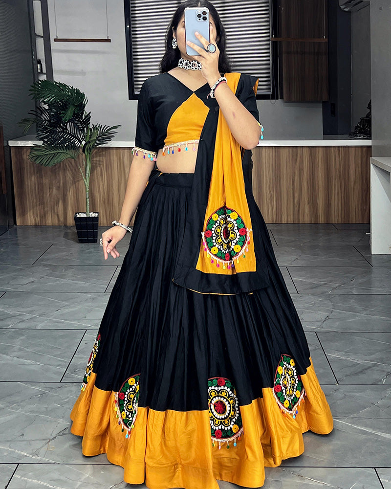 Mustard And Black Color Pure Rayon Cotton Navratri Lehenga Choli
