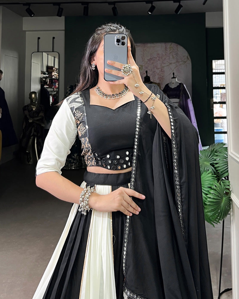 White And Black Color Rayon Navratri Lehenga Choli