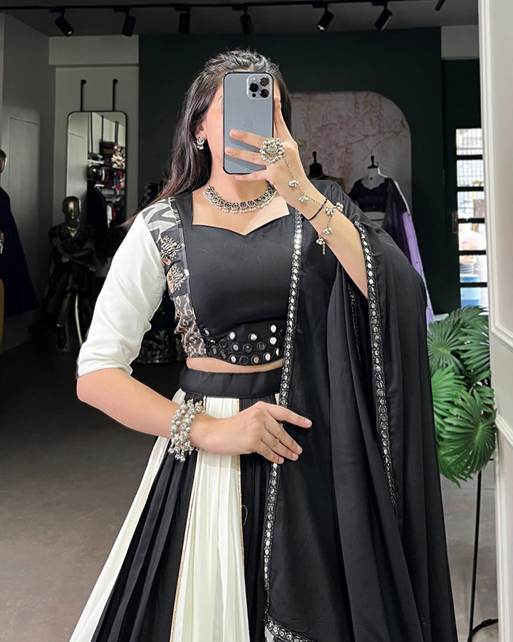 White And Black Color Rayon Navratri Lehenga Choli