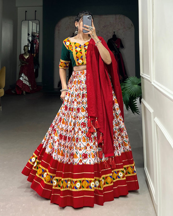 Red Color Dola Silk And Cotton Navratri Lehenga Choli
