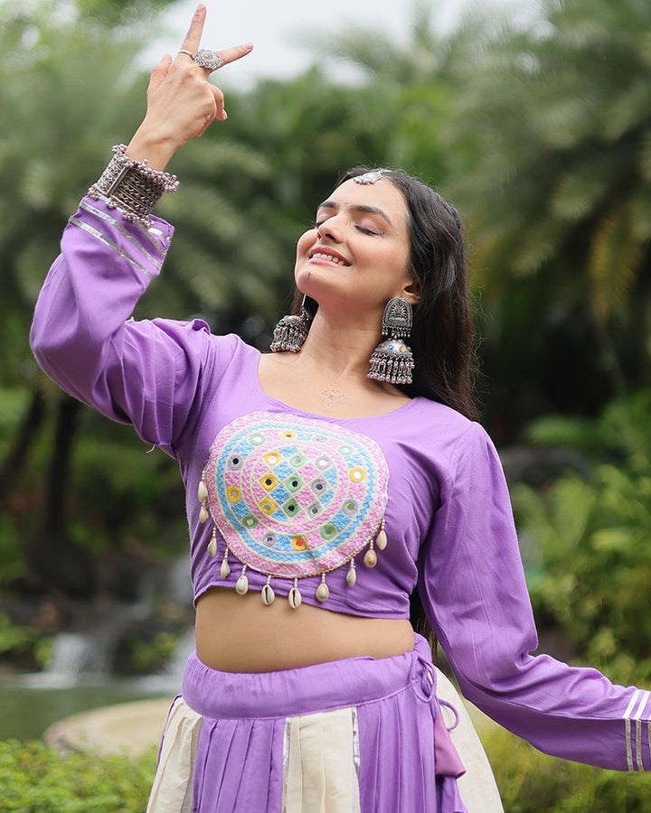 White And Lavender Color Rayon And Cotton Navratri Lehenga Choli