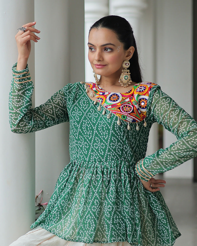 Green Bandhani Style Peplum Choli With Kora Cotton Lehenga