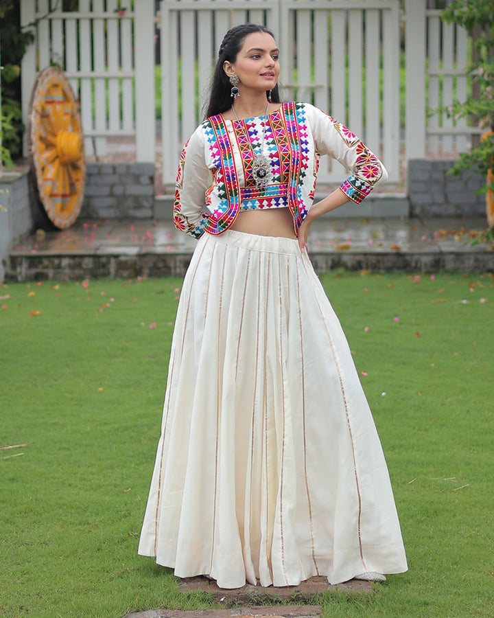 Elegant Off-White Mirror Work Navratri Lehenga With Jacket Style Blouse