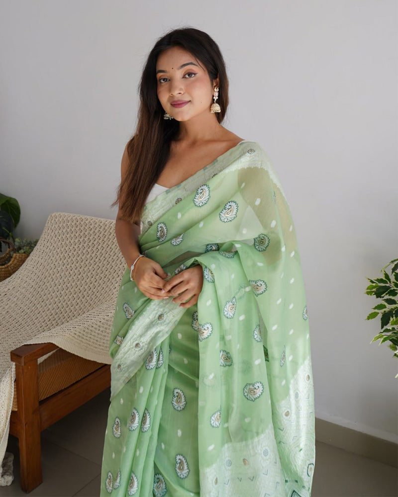 Beautiful Pista Color Soft Cotton Saree