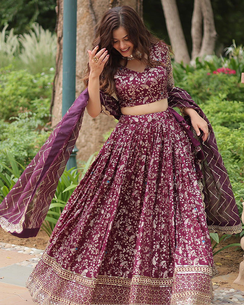 Wine Color Pure Viscose Jacquard Lehenga Choli