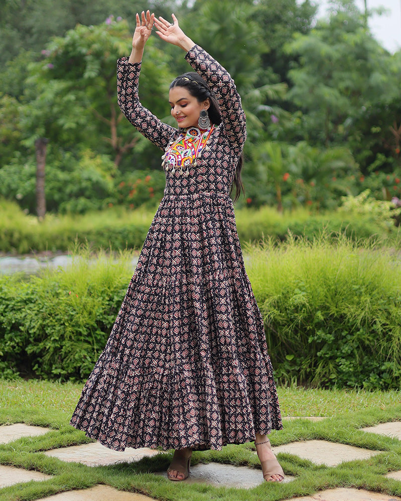 Black Color Cotton Gamthi Work Navratri Gown