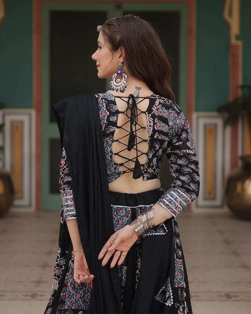 Black Color Rayon Printed Navratri Lehenga Choli