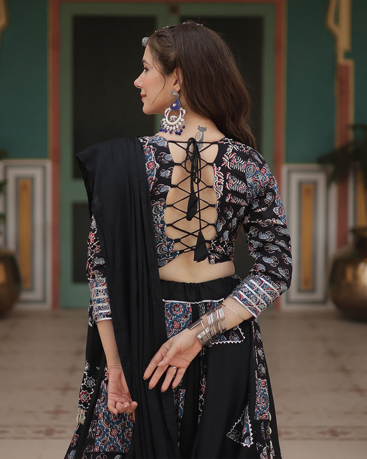 Black Color Rayon Printed Navratri Lehenga Choli