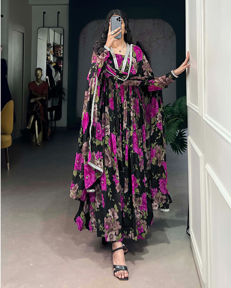 Black And Pink Color Floral Printed Georgette Gown
