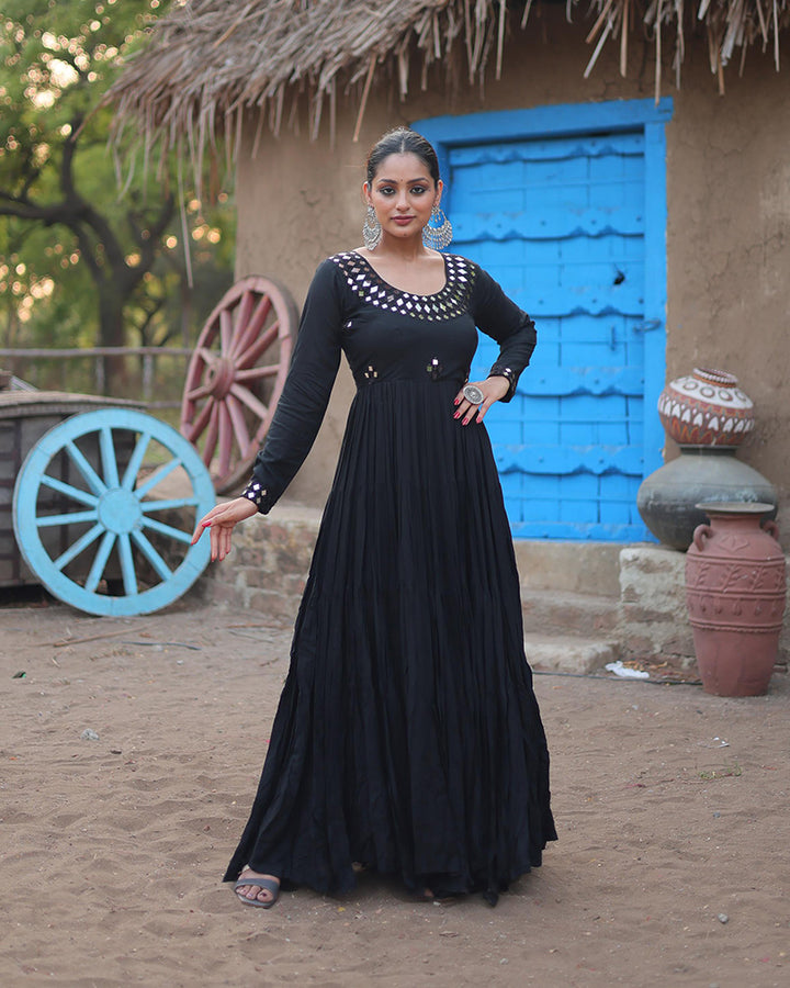 Black Color Rayon Mirror Work Navratri Gown