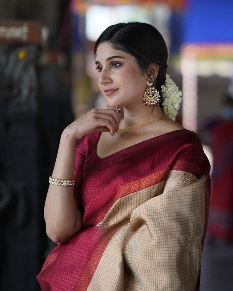 Red And Cream color banarasi Soft Silk Saree