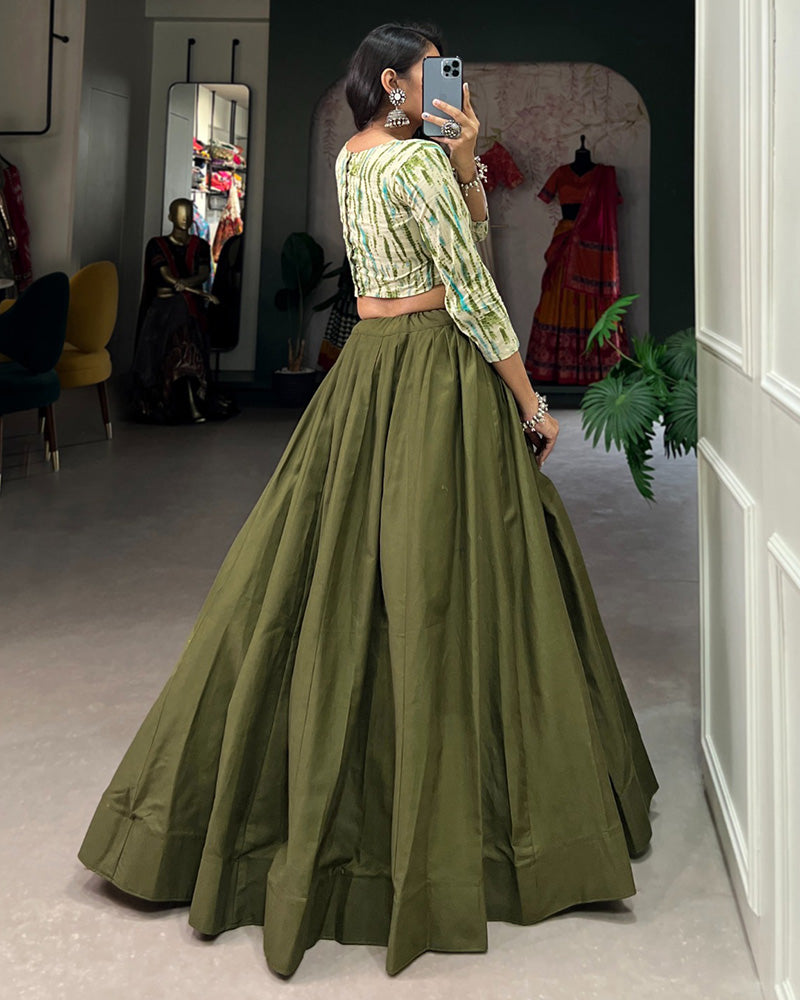 Mehndi Color Cotton Crop Top Navratri Lehenga Choli