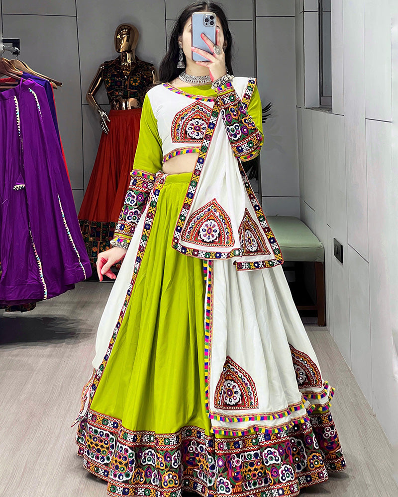 Parrot White Color Pure Rayon Cotton Navratri Lehenga Choli