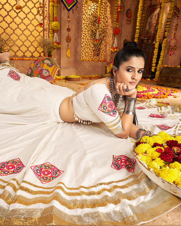 Royal White Lehenga Choli With Gold Borders And Colorful Embroidery