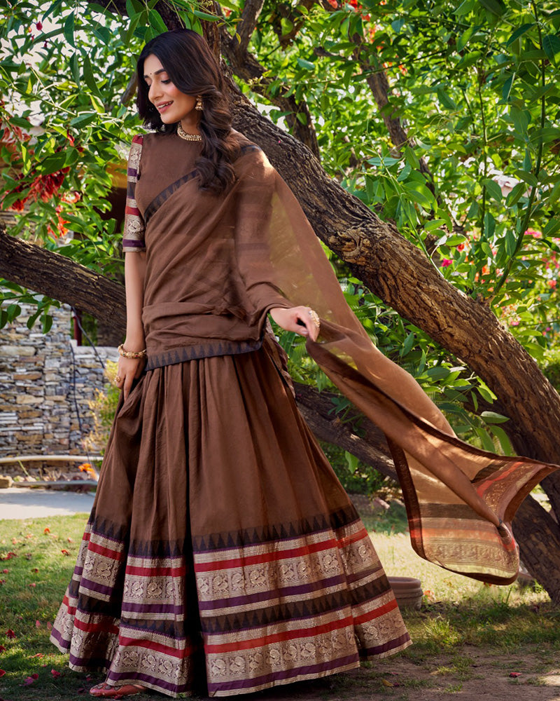Brown Color Pure Chanderi Plain Half Saree