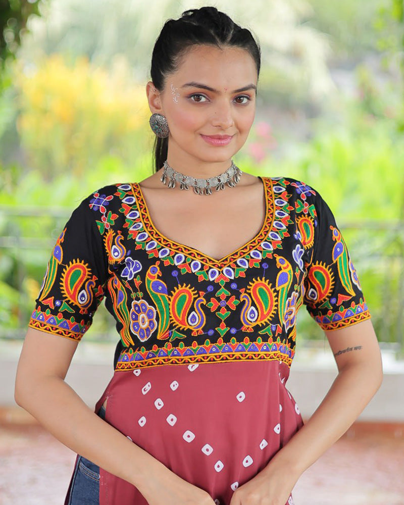 Traditional Maroon Black Color Bandhani Print Navratri Kurti