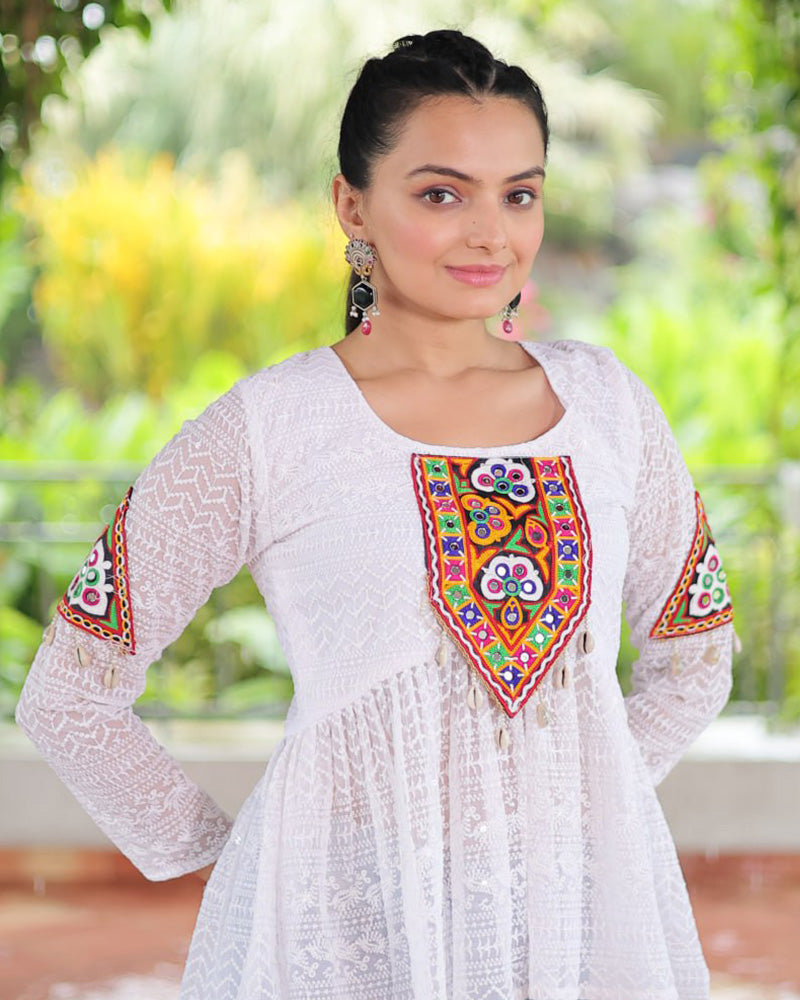 White Color Georgette Schiffli Work Navratri Kediya