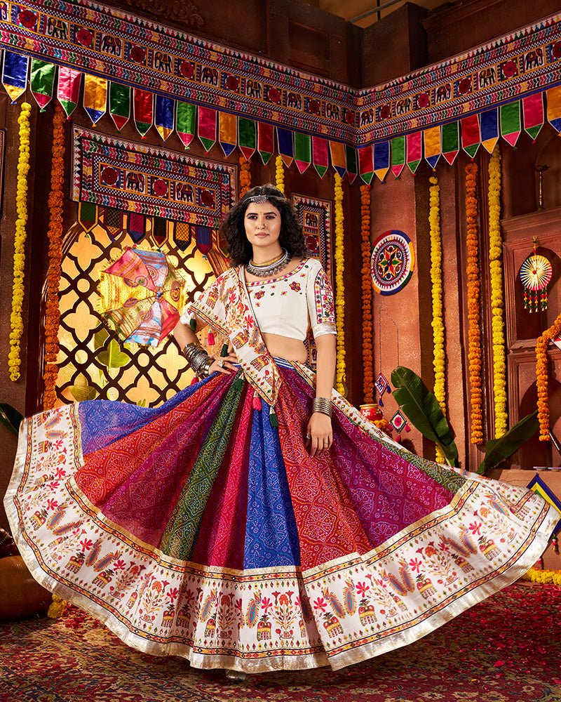 Multicolor Georgette Bandhani Print Patchwork Navratri Chaniya Choli