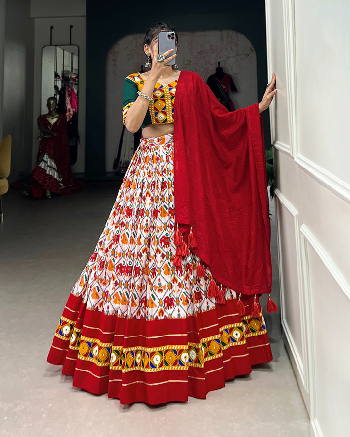 Red Color Dola Silk And Cotton Navratri Lehenga Choli
