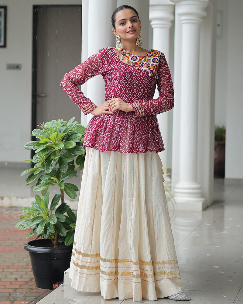 Maroon Bandhani Style Peplum Choli With Kora Cotton Lehenga