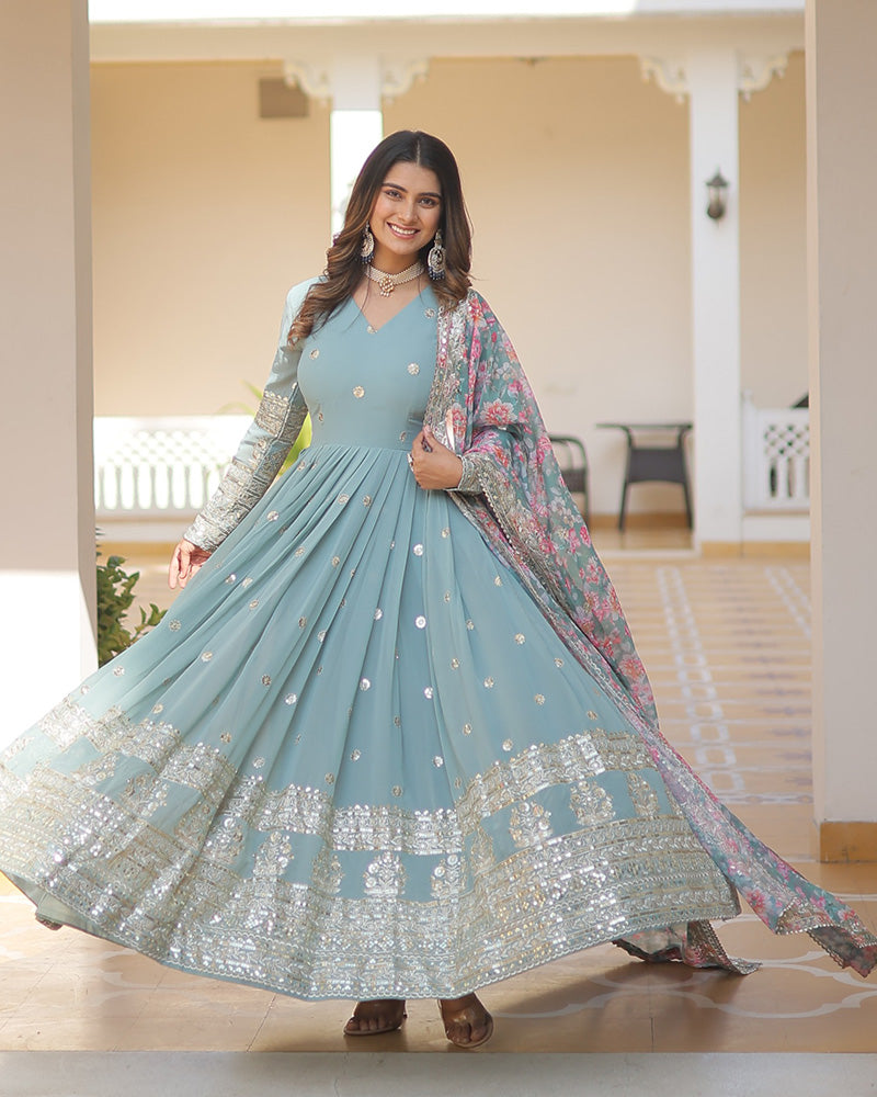 Sky Color Faux Georgette Designer Gown With Dupatta