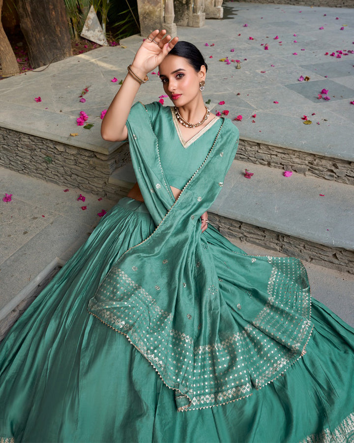 Sea Green Color Pure Chanderi Plain Navratri Half Saree