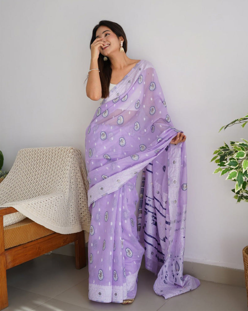 Beautiful Lavender Color Soft Cotton Saree