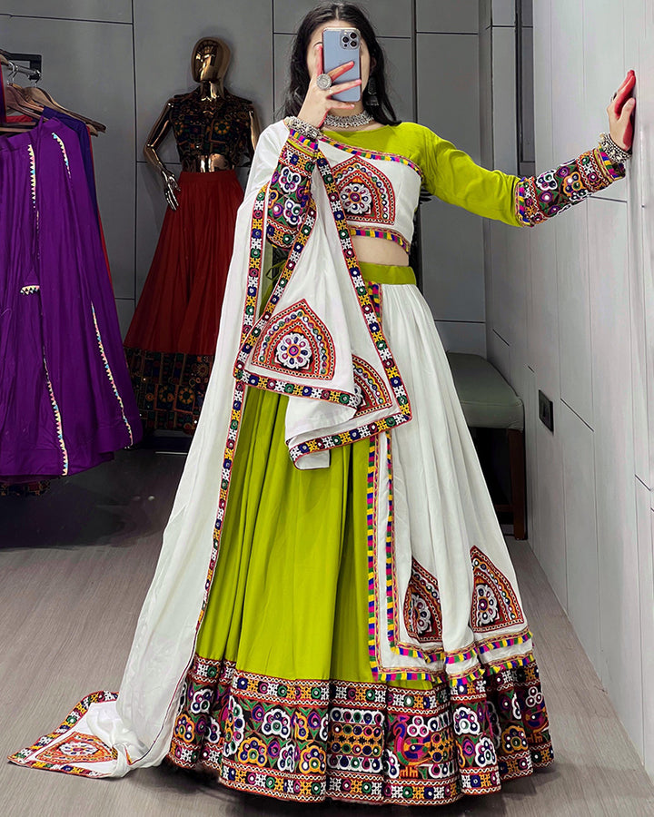 Parrot White Color Pure Rayon Cotton Navratri Lehenga Choli