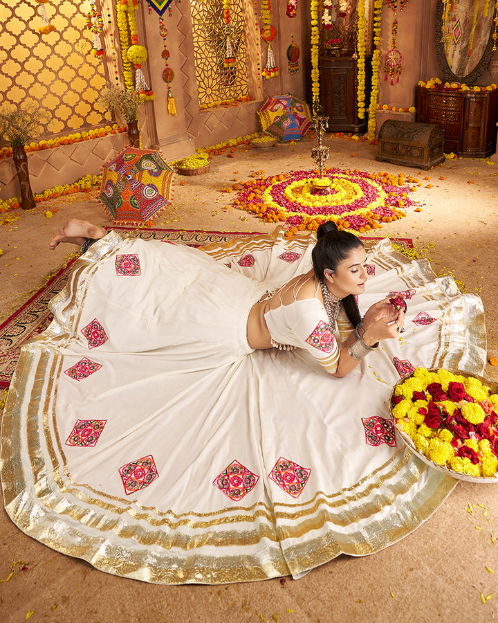 Royal White Lehenga Choli With Gold Borders And Colorful Embroidery