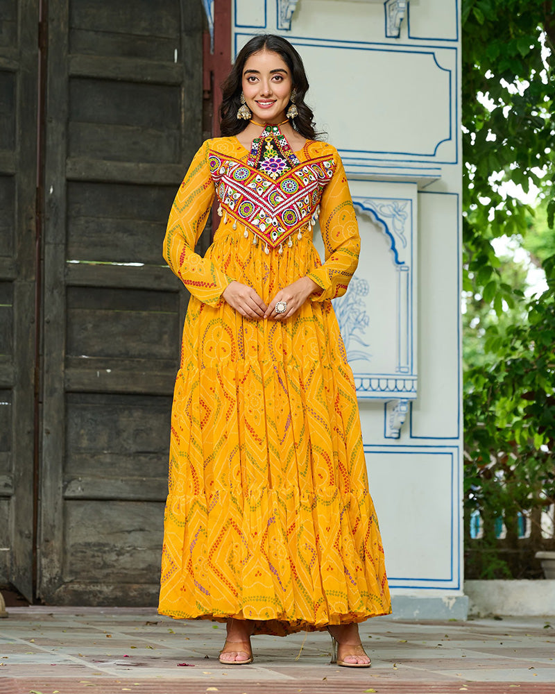 Festive Mustard Ethnic Gown With Colorful Mirror Work