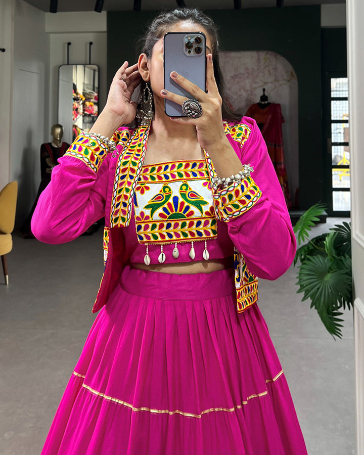 Pink Color Pure Rayon Gamthi Navratri Lehenga Choli