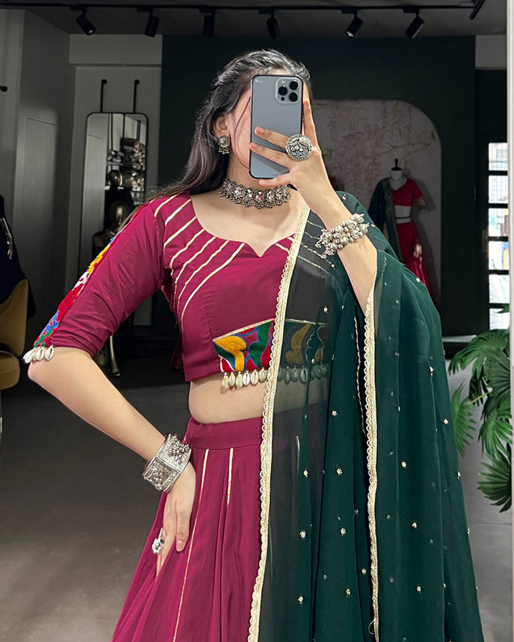 Plum Color Rayon Embossed Navratri Lehenga Choli