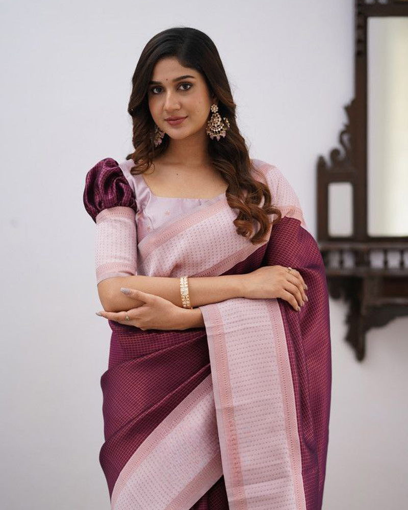 Baby Pink And Wine Color Soft Banarasi Silk Saree