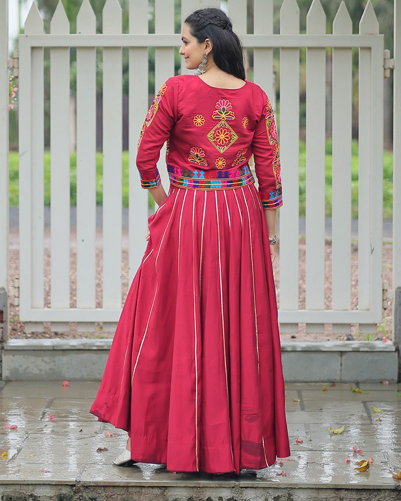 Elegant Maroon Mirror Work Navratri Lehenga With Jacket Style Blouse