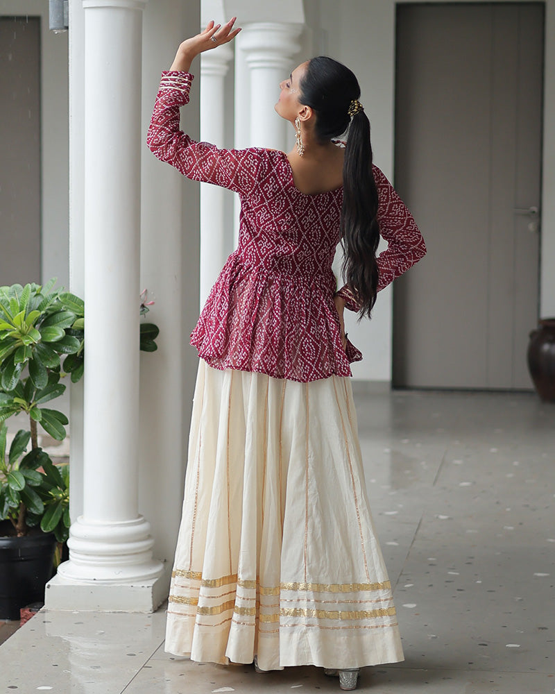Maroon Bandhani Style Peplum Choli With Kora Cotton Lehenga