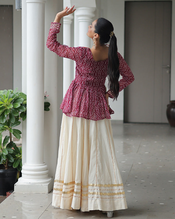 Maroon Bandhani Style Peplum Choli With Kora Cotton Lehenga