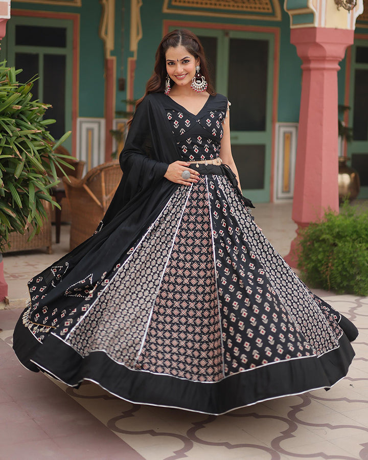 Black Color Rayon Kali Pattern Navratri Lehenga Choli