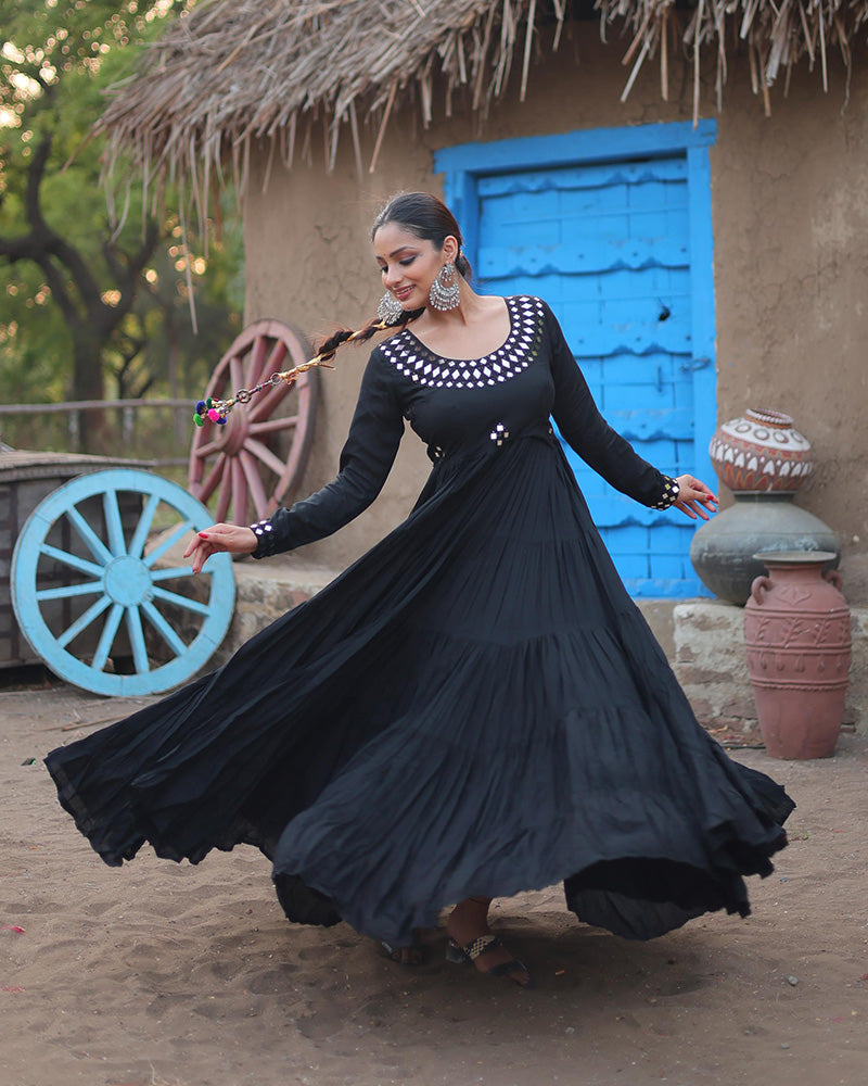 Black Color Rayon Mirror Work Navratri Gown