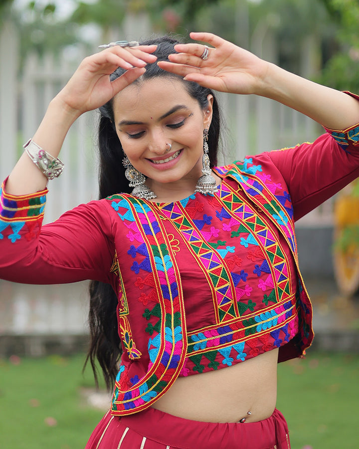 Elegant Maroon Mirror Work Navratri Lehenga With Jacket Style Blouse