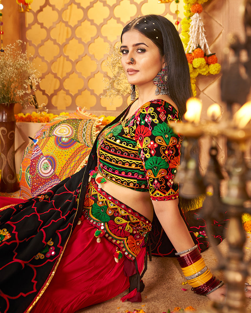 Traditional Red Multi Color Thread And Mirror Work Lehenga Choli