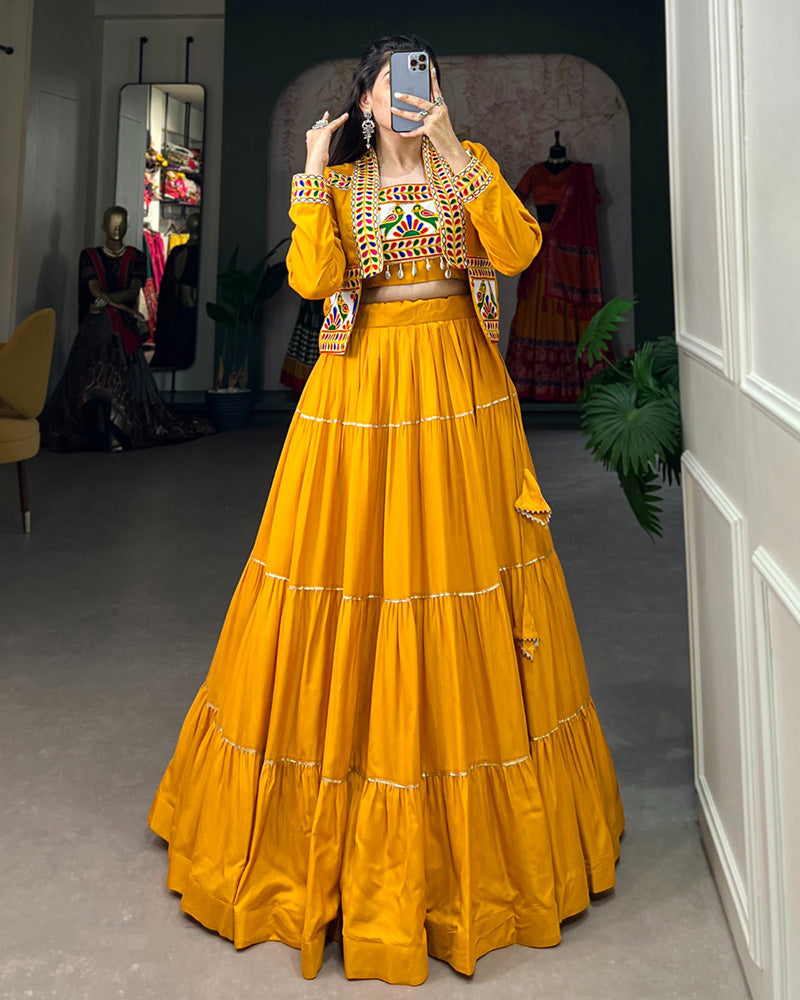 Mustard Color Pure Rayon Gamthi Navratri Lehenga Choli