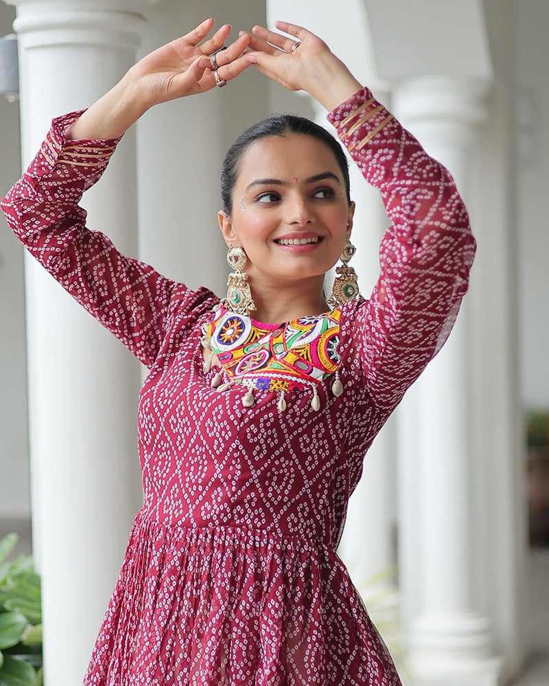 Maroon Bandhani Style Peplum Choli With Kora Cotton Lehenga